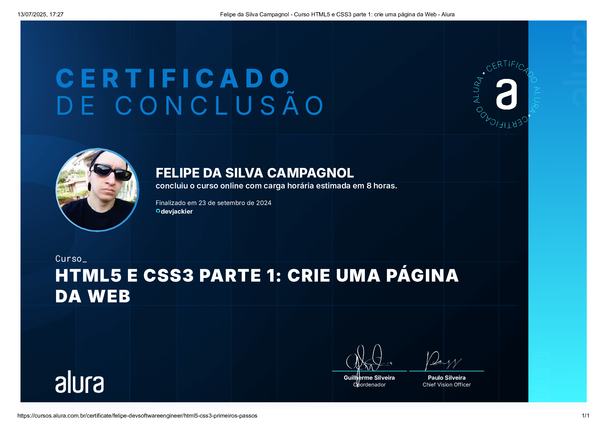 certificado de html e css pela Alura