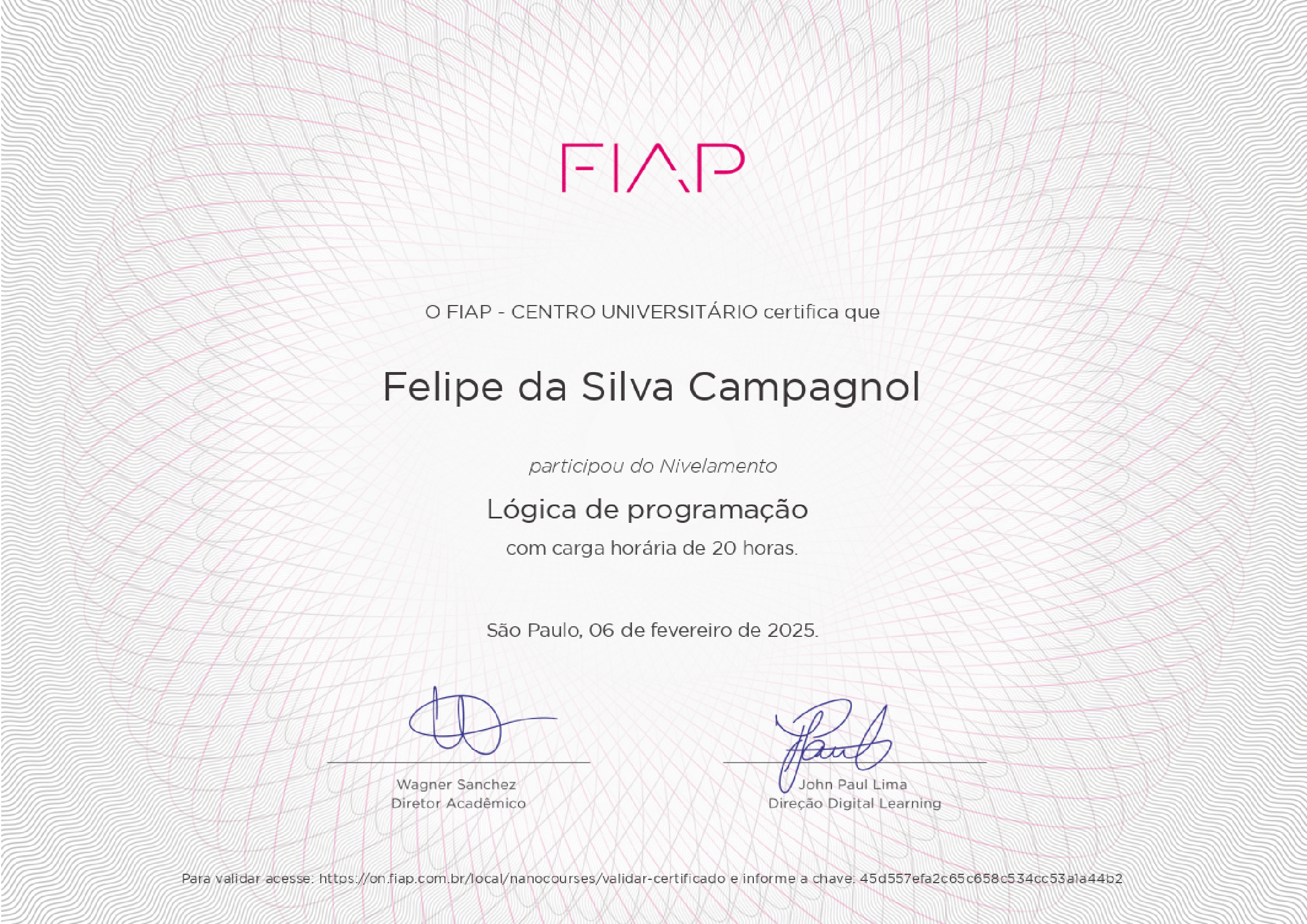 certificado de lógica de programação pela universidade FIAP