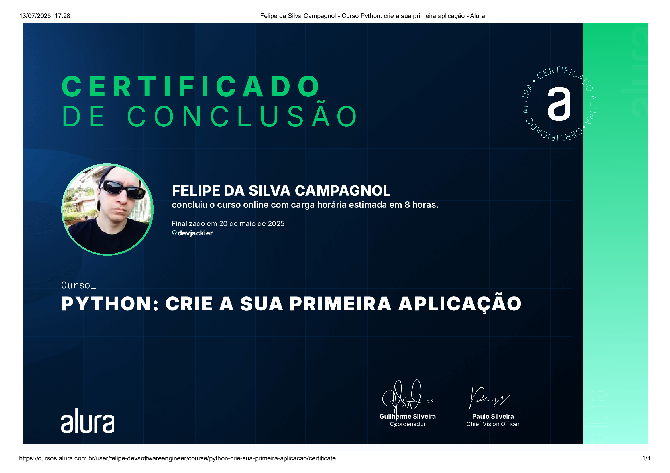 certificado de desenvolvimento em python pela Alura