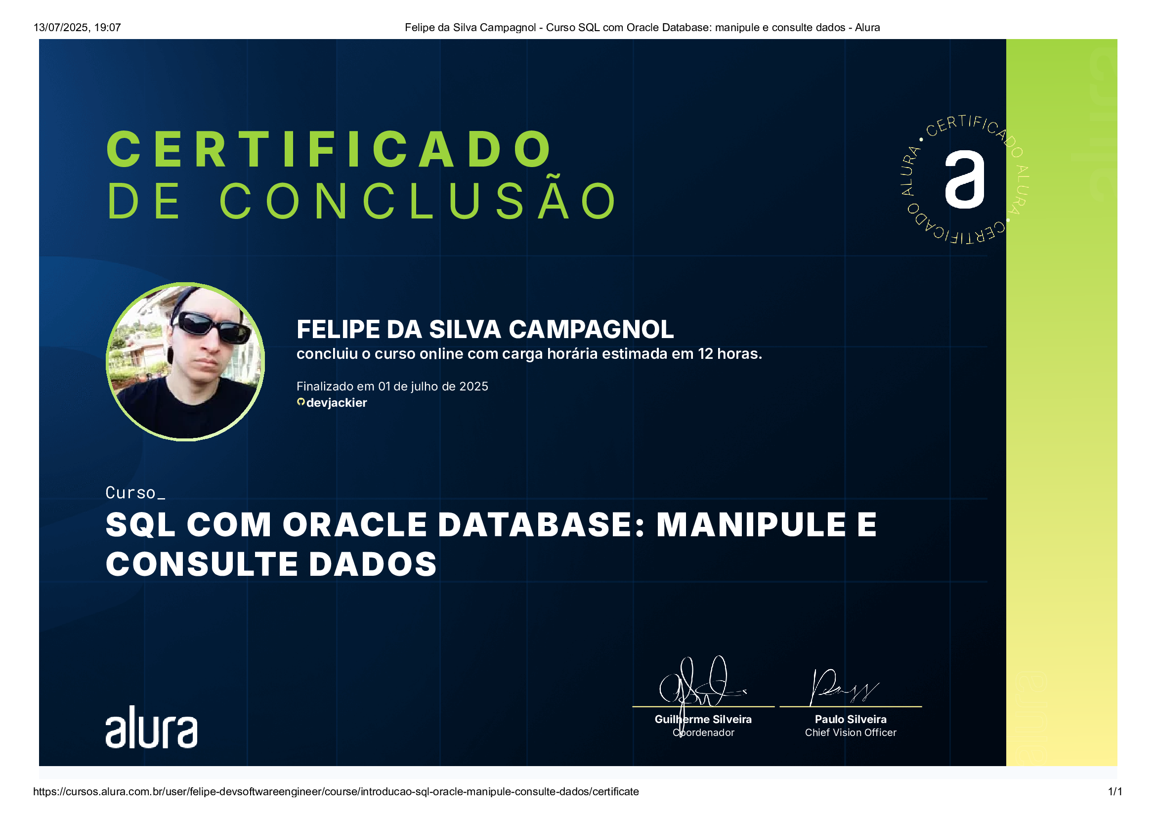 certificado de SQL pela Alura