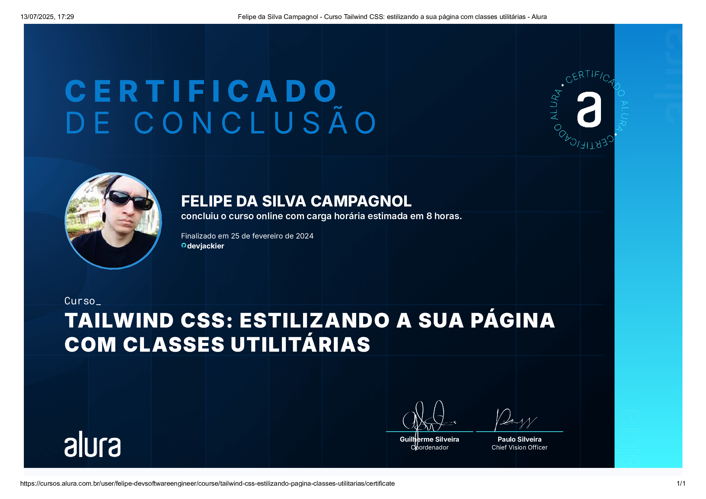 certificado de tailwind css pela Alura