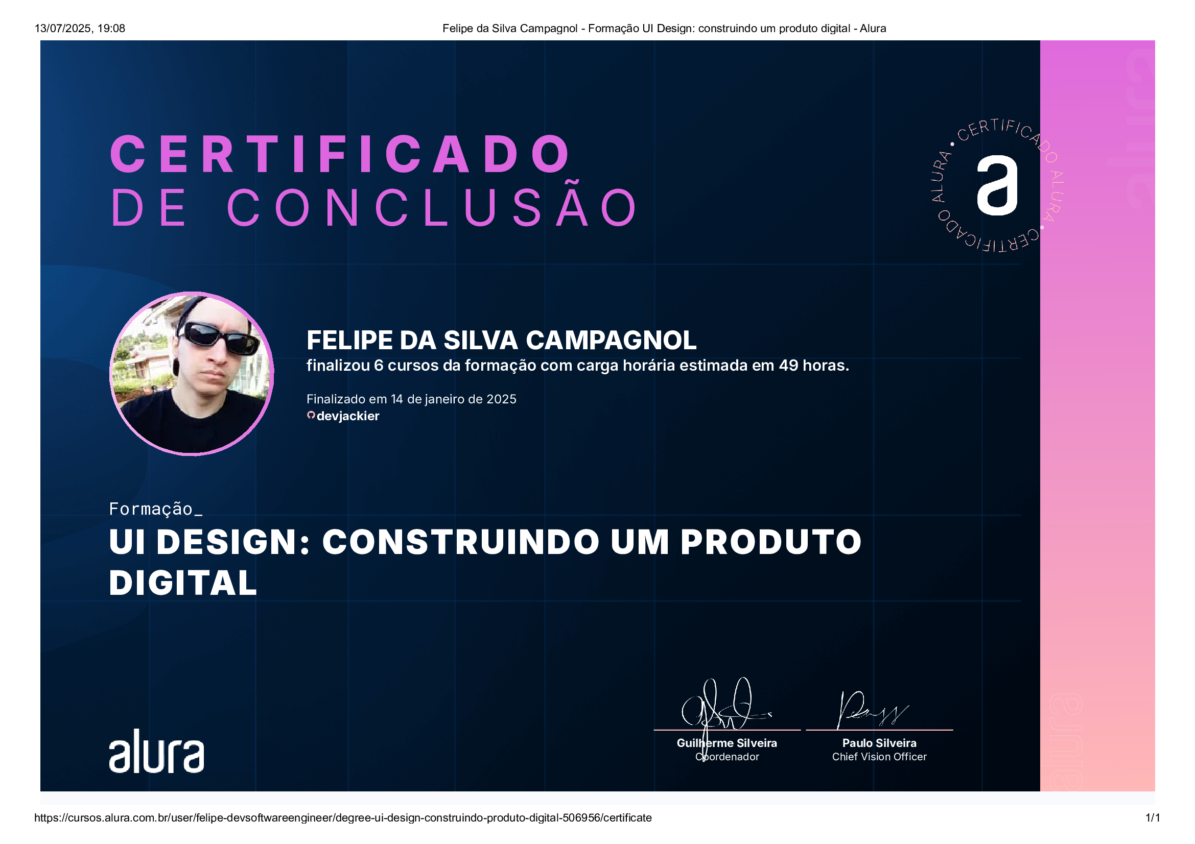 certificado de UI Design pela Alura