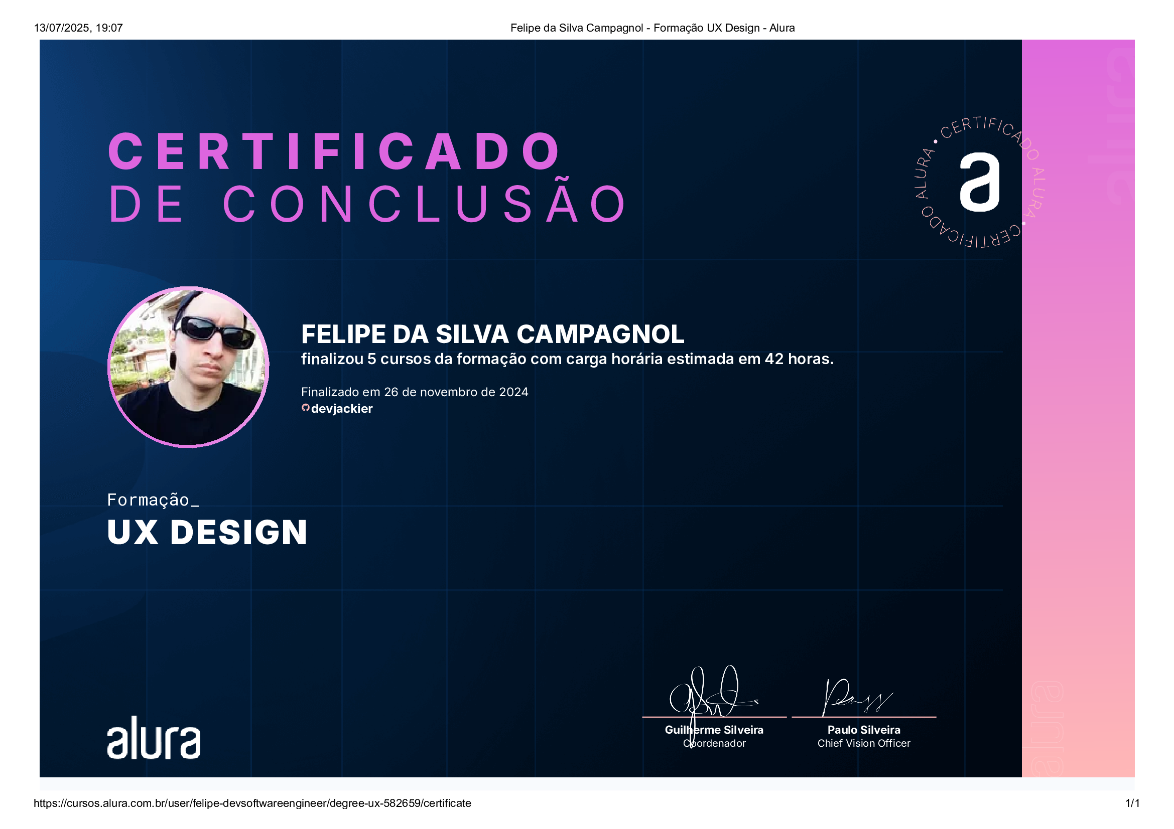 certificado de UX Design pela Alura
